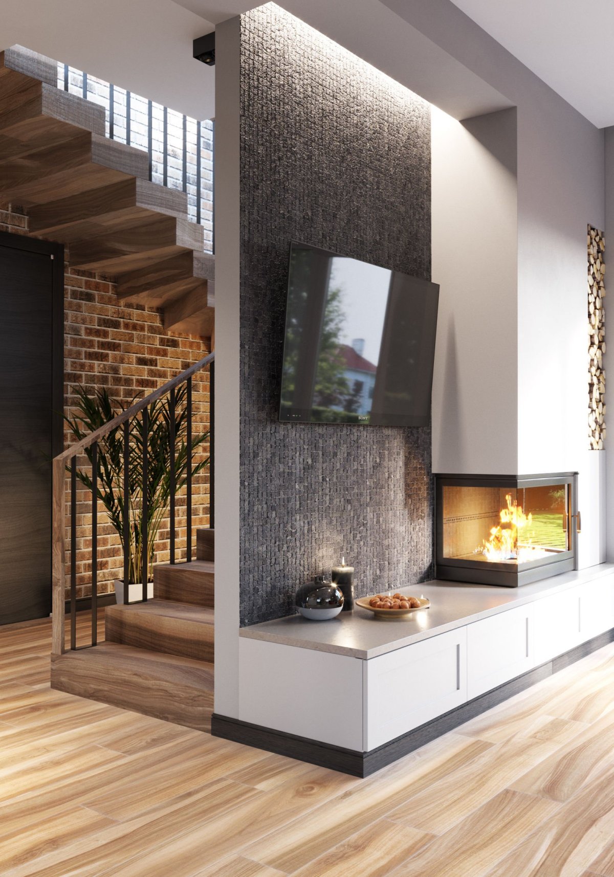 Камин под лестницей