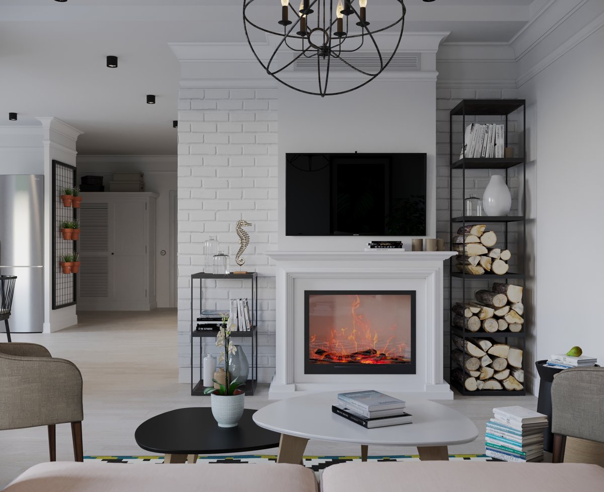 Скандинавский стиль с камином и телевизором