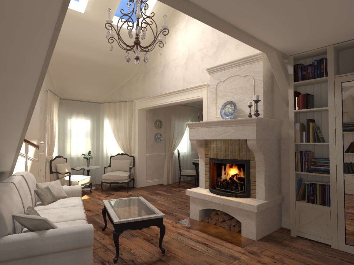 Зал в стиле Прованс с камином