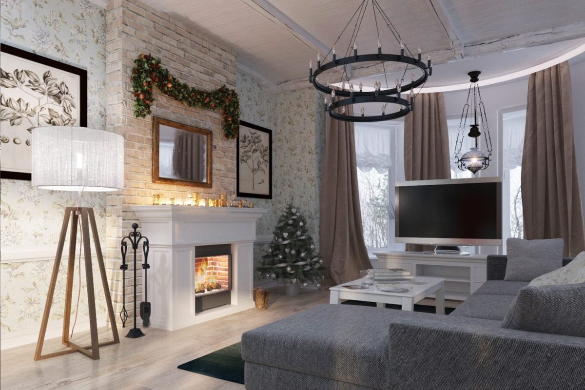 Гостиная с камином в стиле Прованс