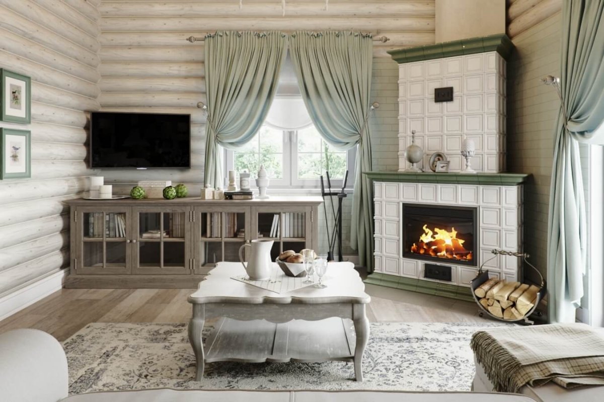 Гостиная с камином в стиле Прованс