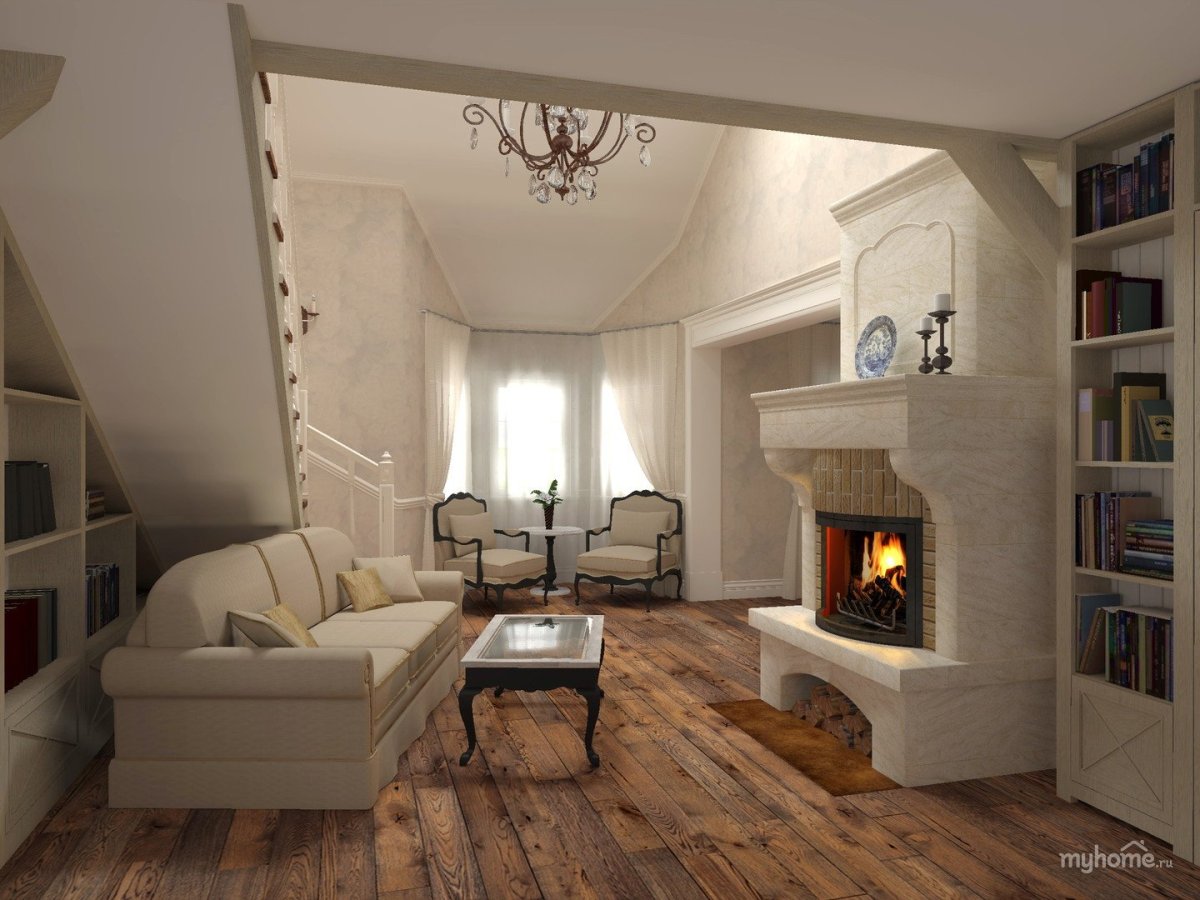 Зал в стиле Прованс с камином
