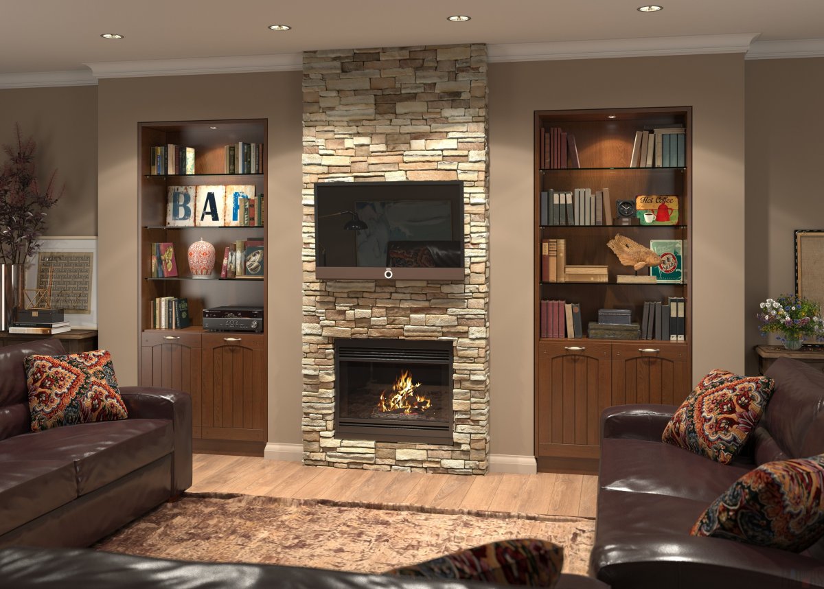 Гостиная с камином и сервантом