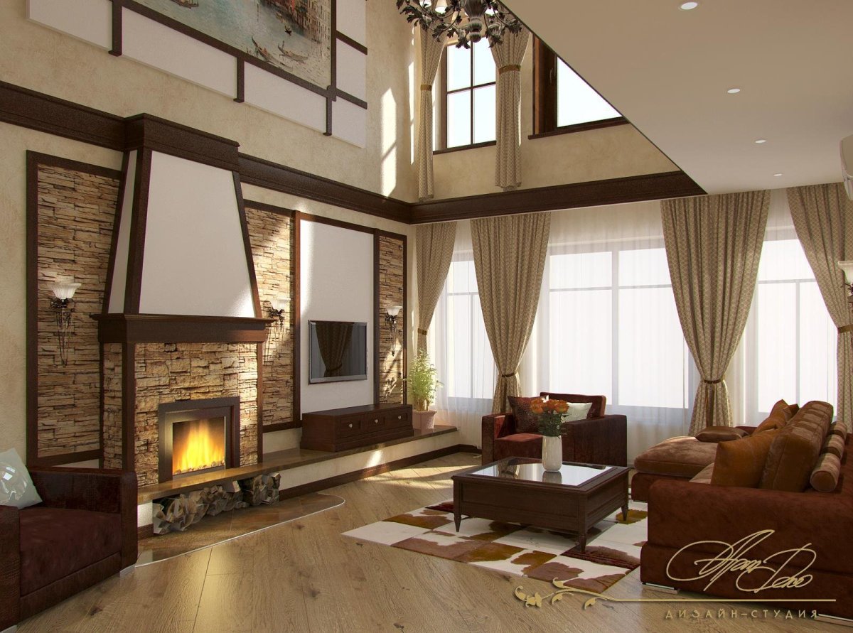 Гостиная со вторым светом и камином