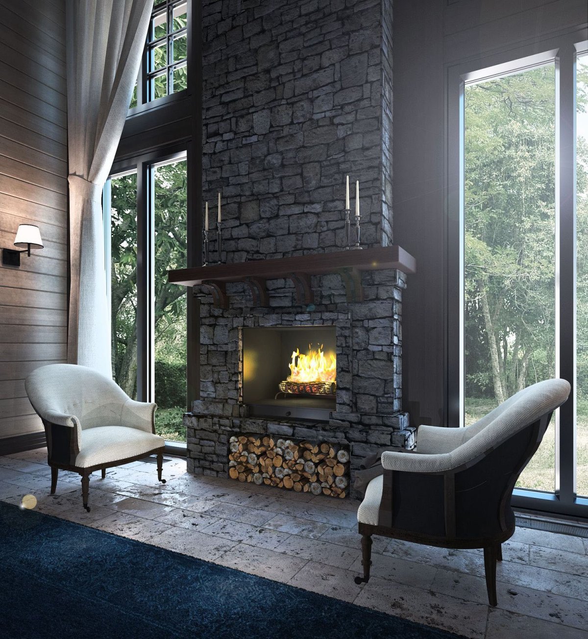 Камин в интерьере загородного дома