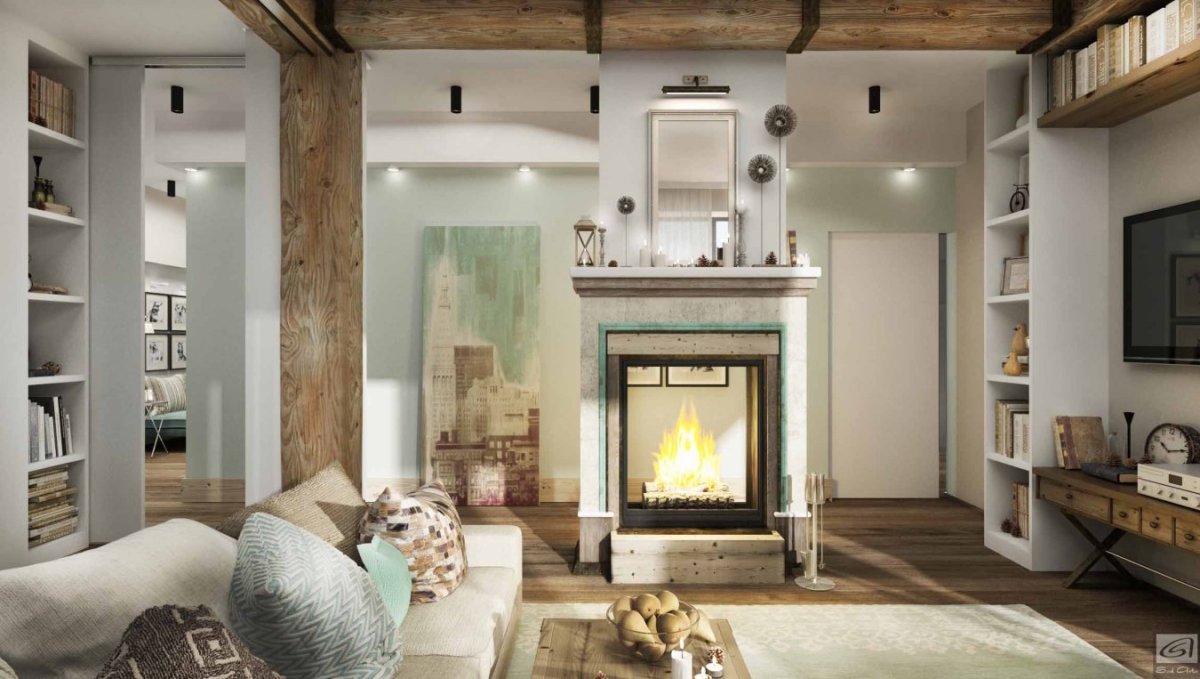 Двухсветная гостиная с камином