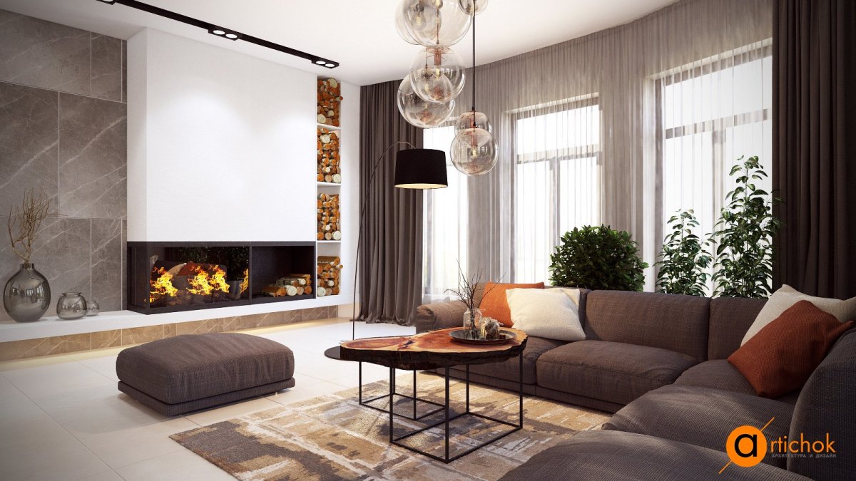 Гостиная в эко стиле с камином
