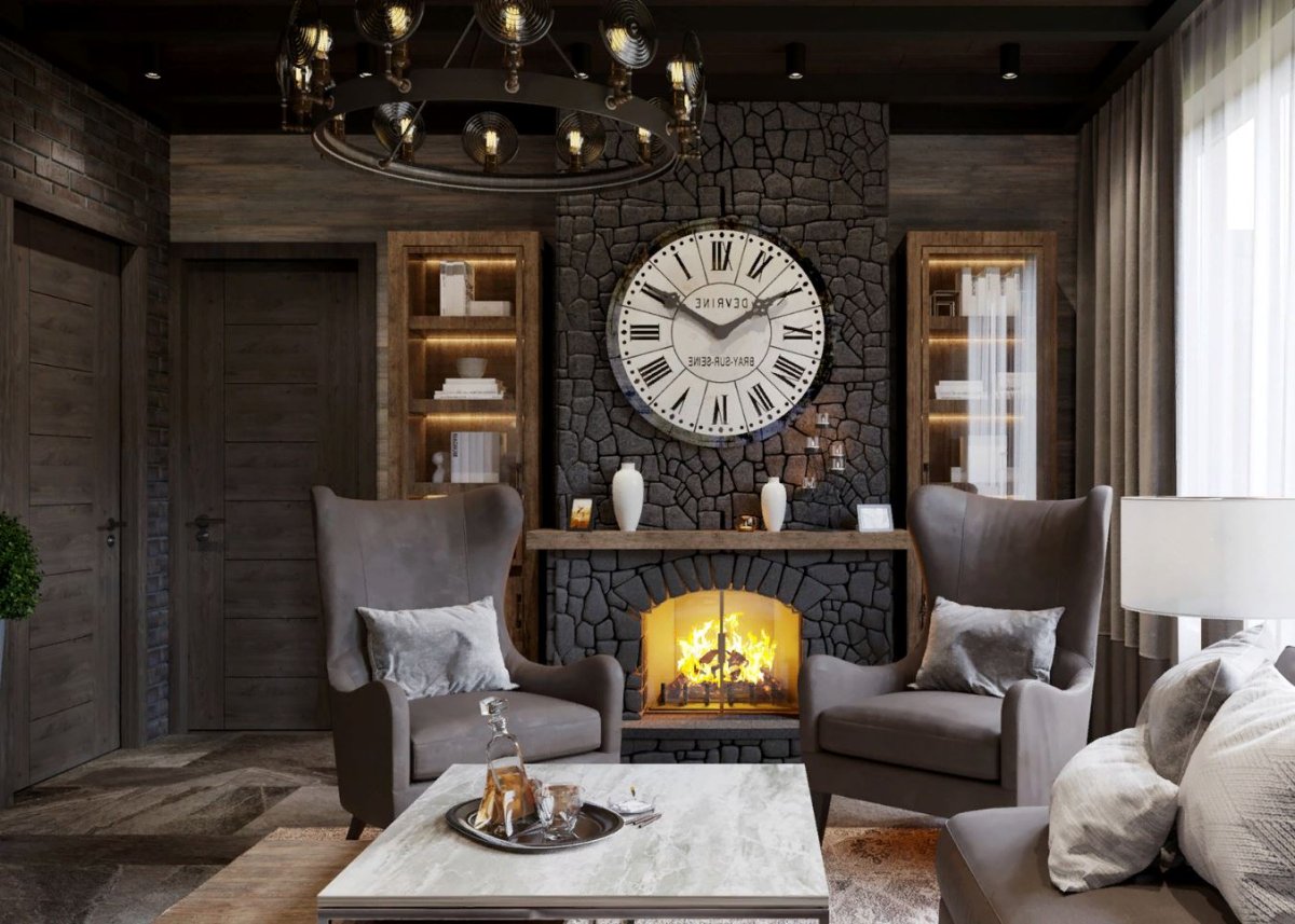 Часы над камином в интерьере