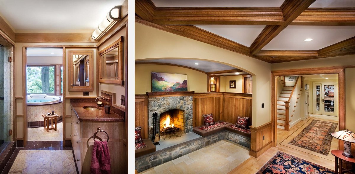 Интерьер гостиной с угловым камином в современном стиле