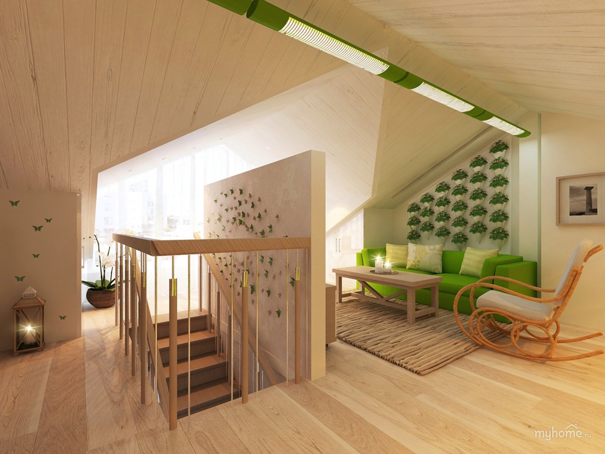 Интерьер холла второго этажа с лестницей