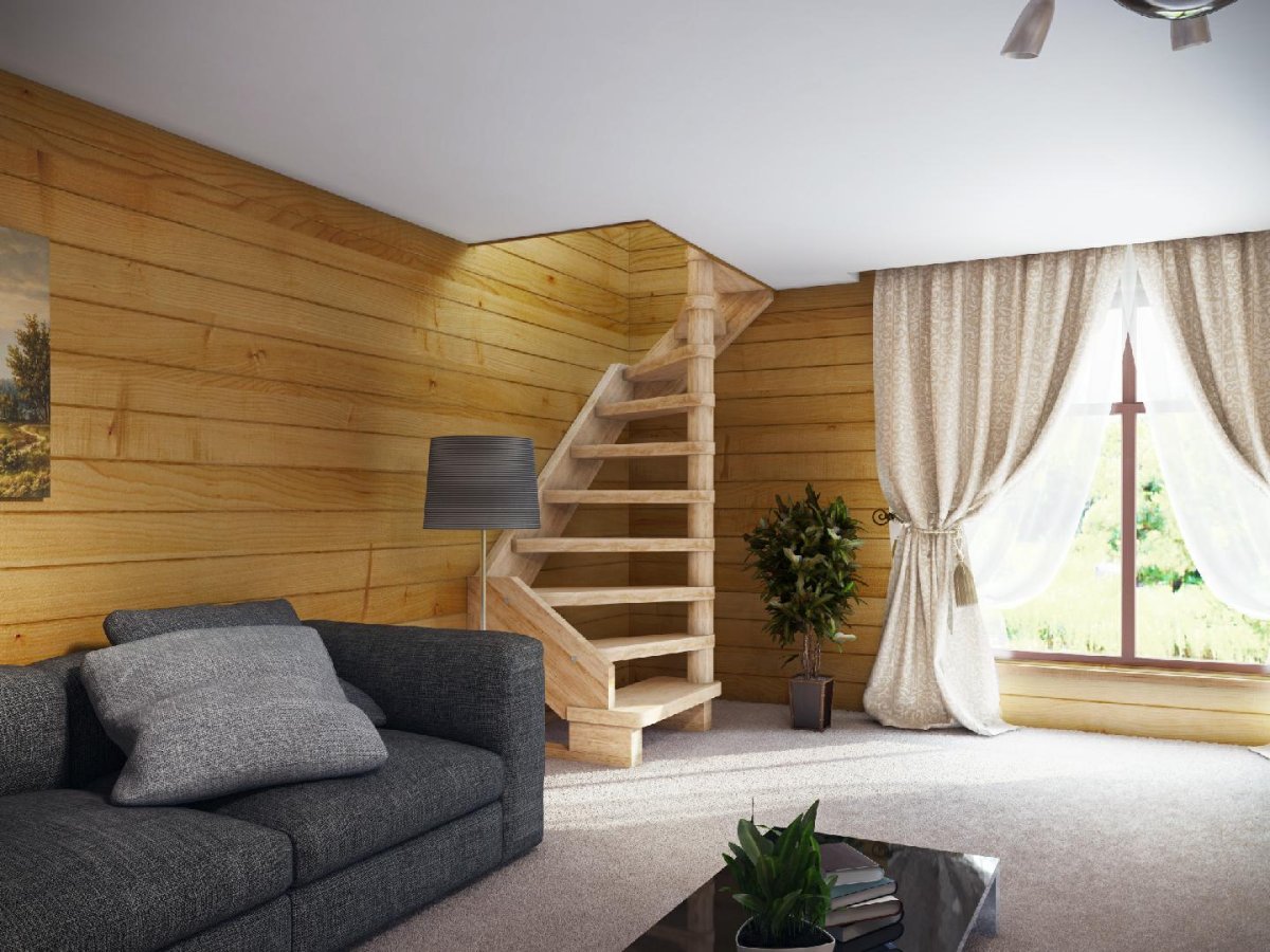 Гостиная с деревянной лестницей