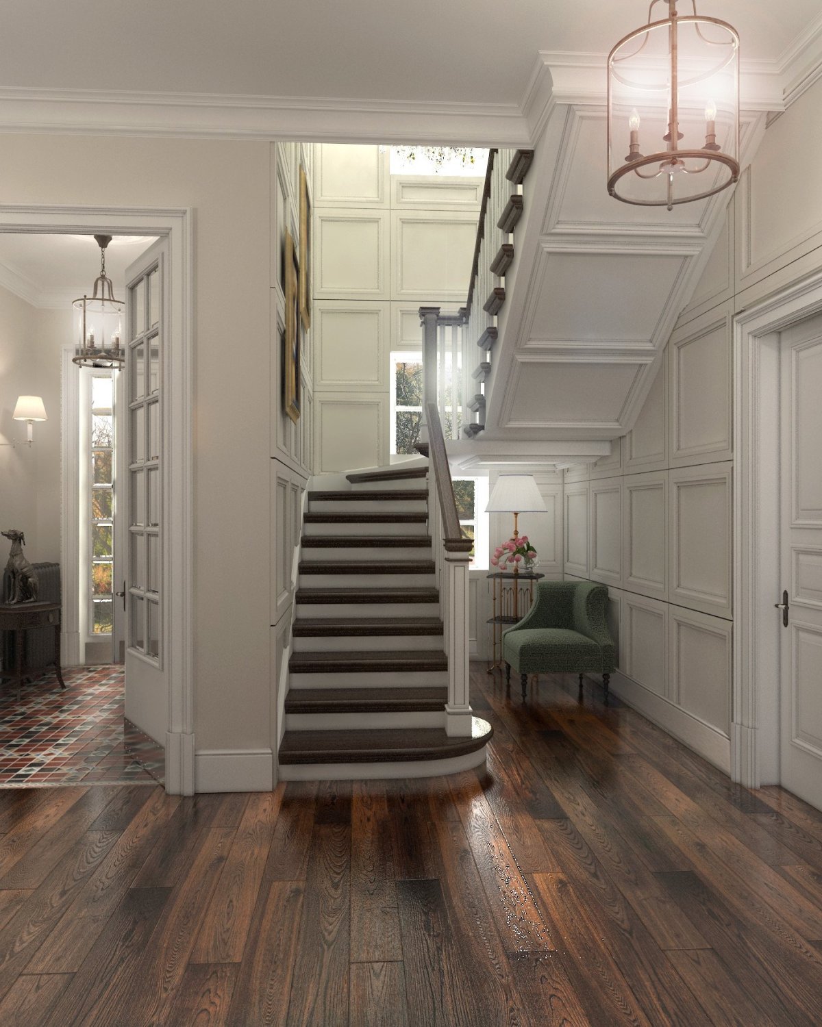 Интерьер прихожей с лестницей