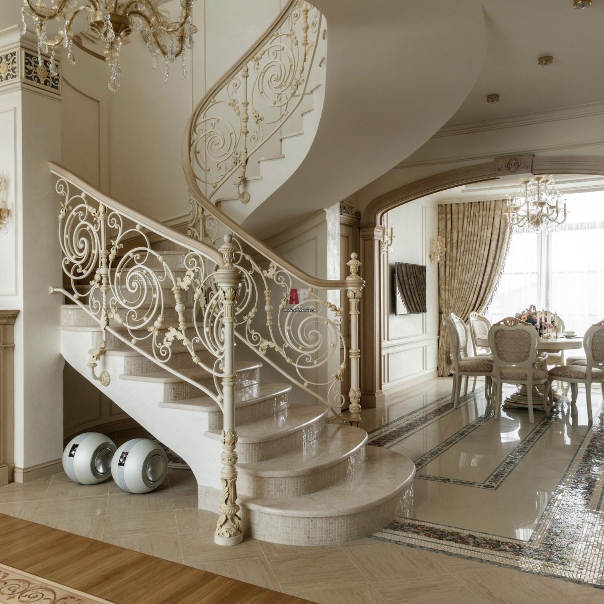 Классический гостиная с лестницей