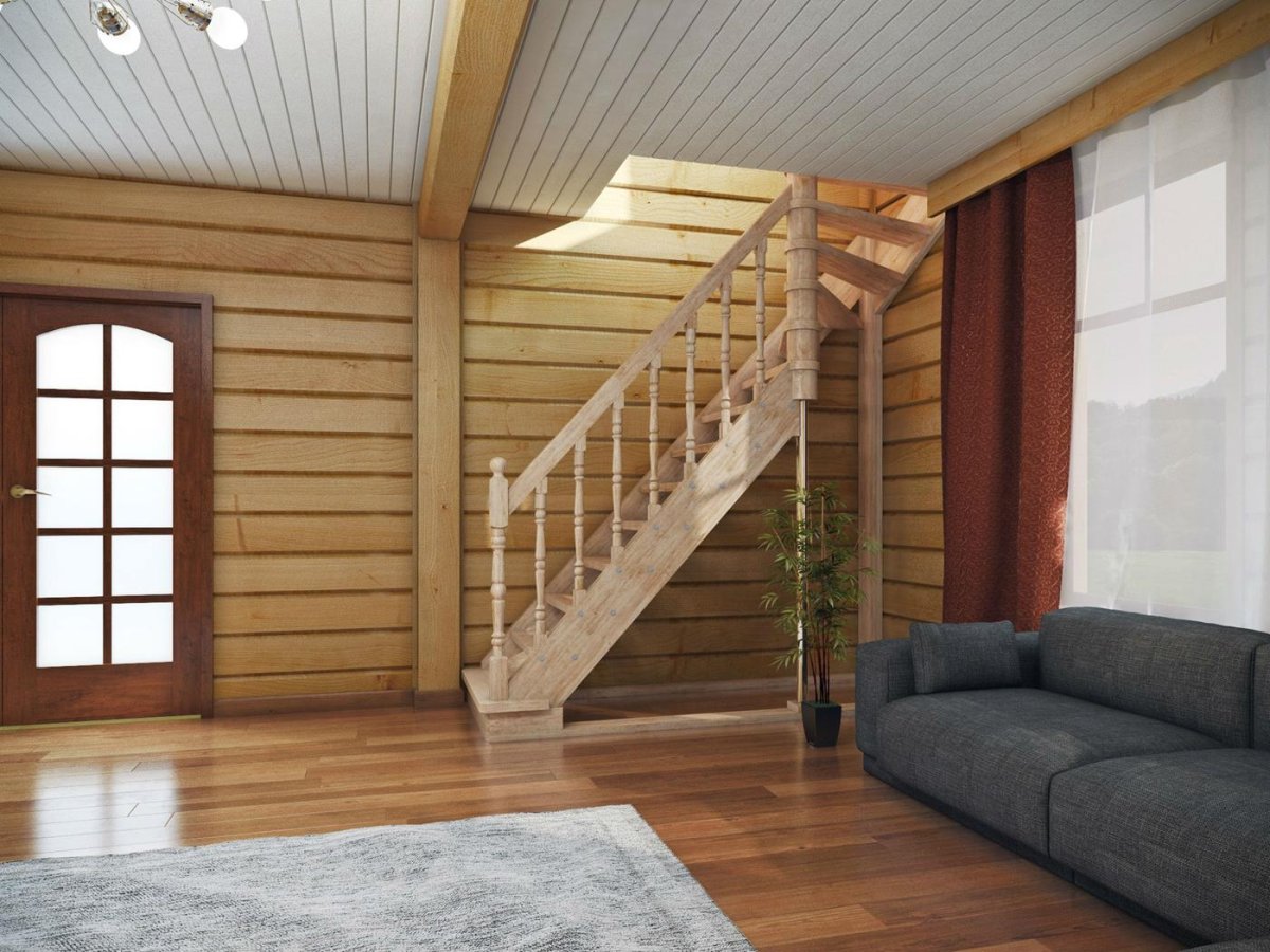 Лестница на тетивах с забежными ступенями с поворотом на 90