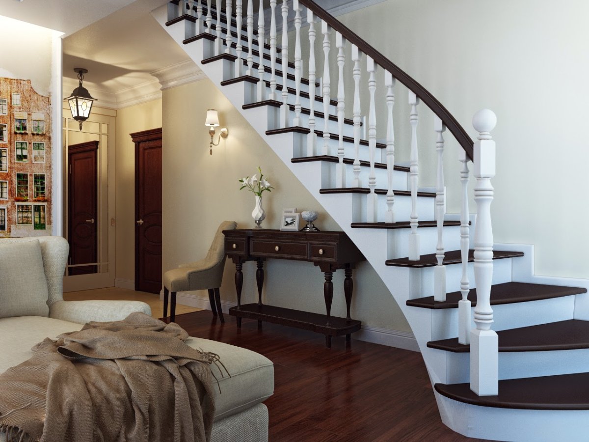 Кухня гостиная с лестницей