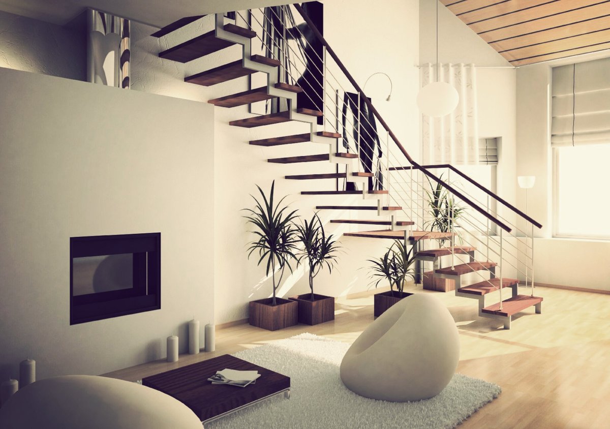 Гостиная с лестницей в скандинавском стиле