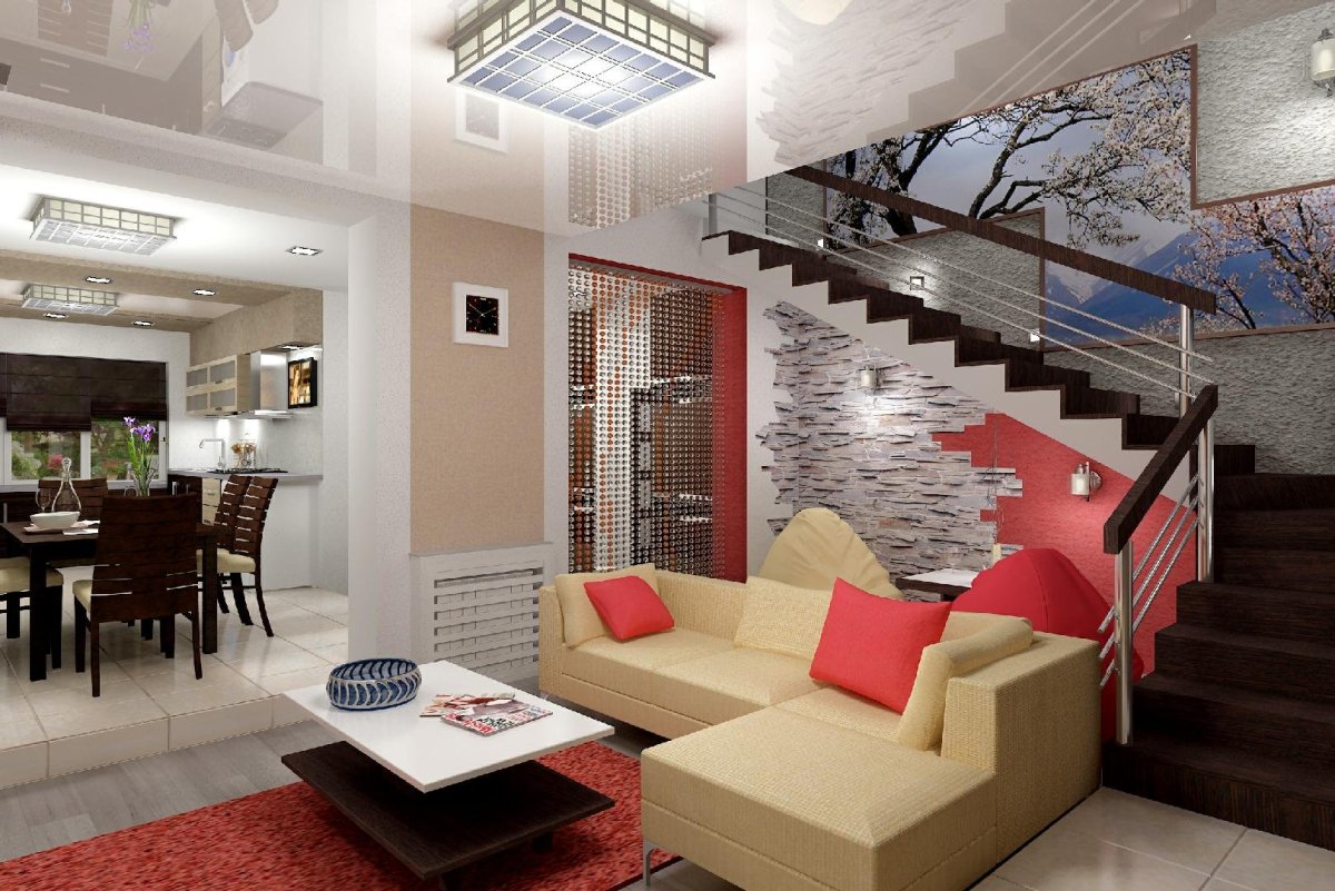 Лестница в центре гостиной