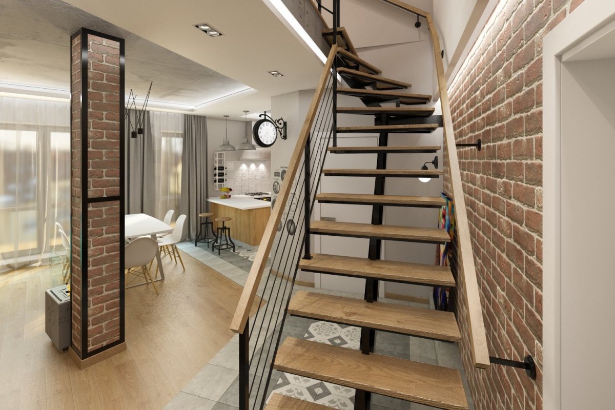 Кухня гостиная с лестницей