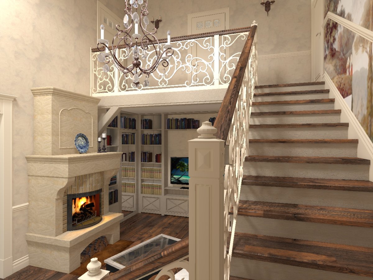 Гостиная с лестницей и камином
