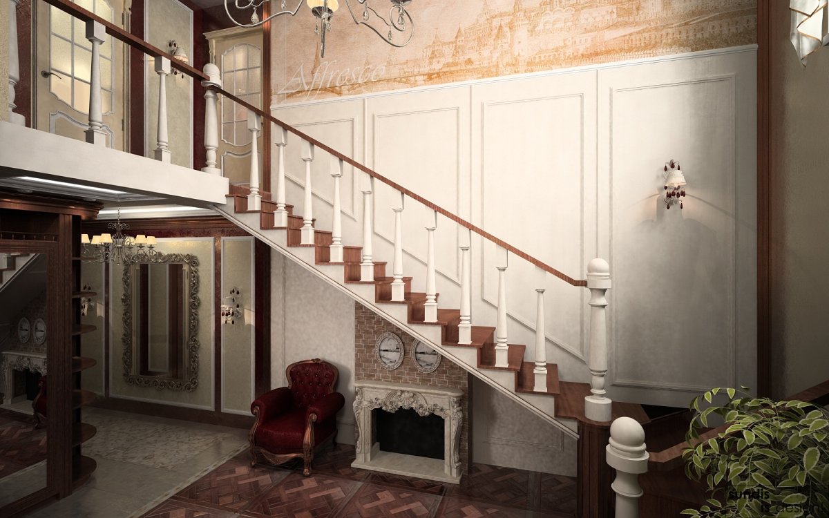 Камин под лестницей на второй этаж