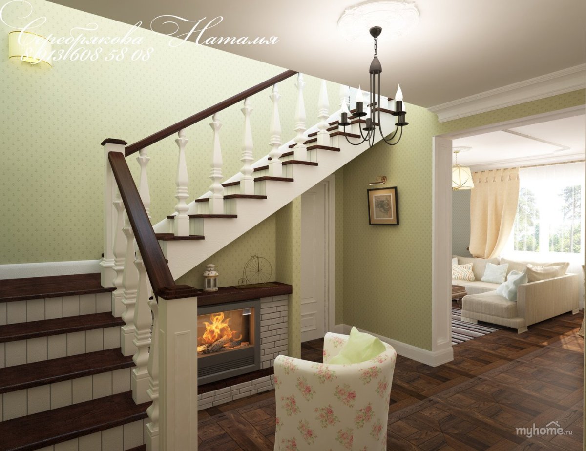 Камин под лестницей в гостиной