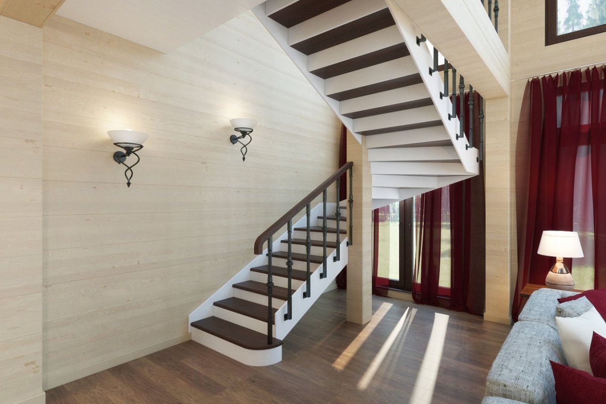 Лестница в доме из клееного бруса