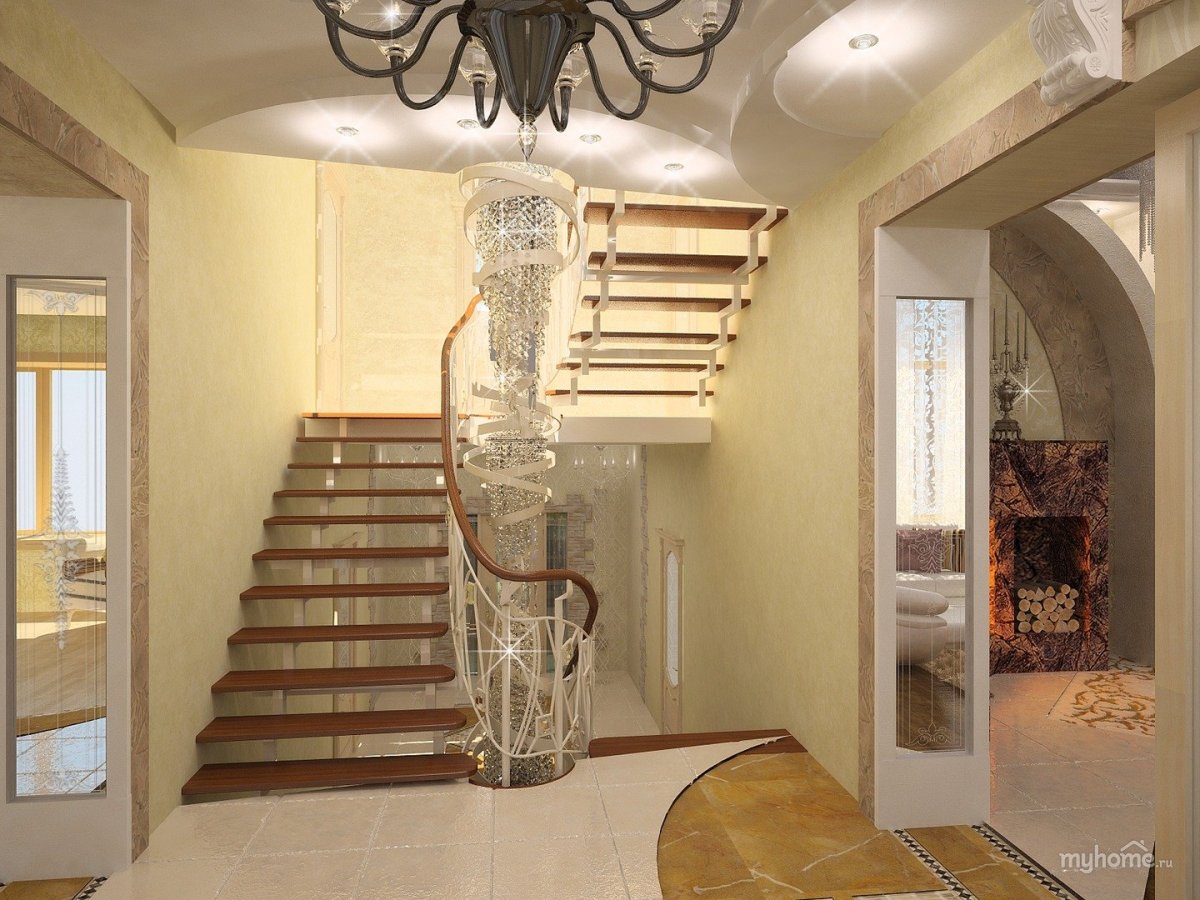 Потолок в холле с лестницей