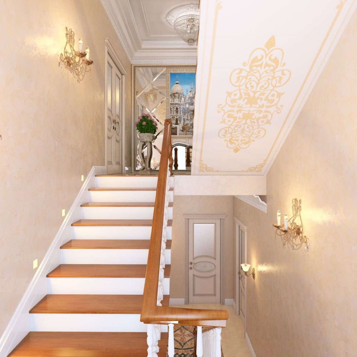 Потолок в холле с лестницей