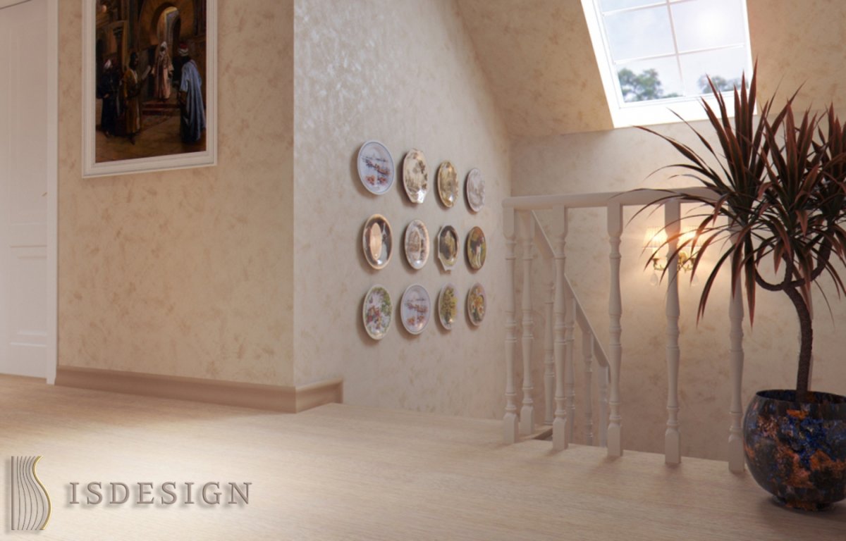 Декоративная штукатурка в коридоре с лестницей