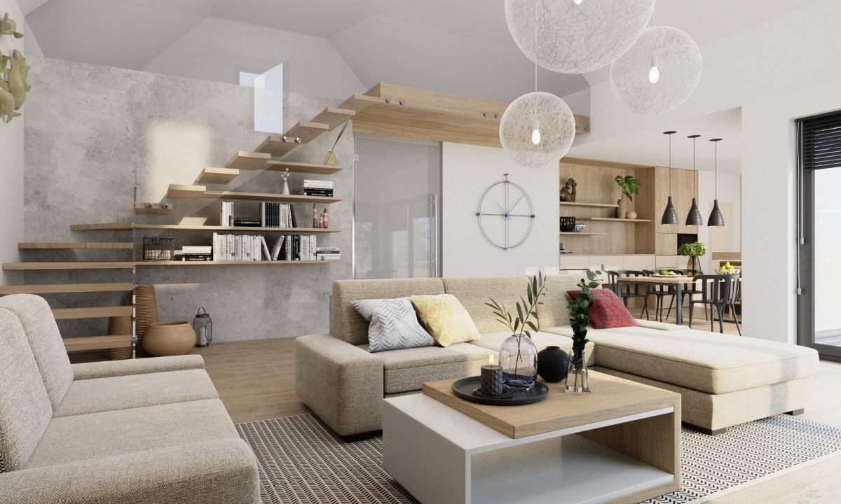 Лестница совмещенная с гостиной