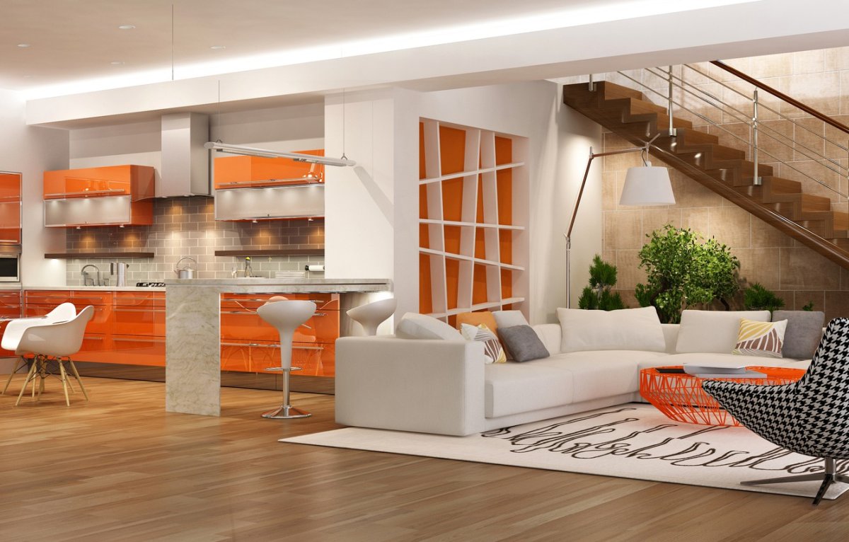 Кухни гостиные с лестницей