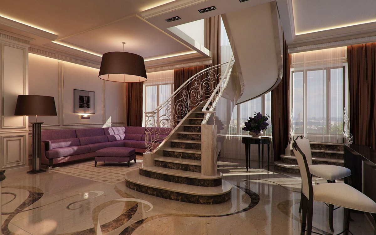 Богатая гостиная с лестницей