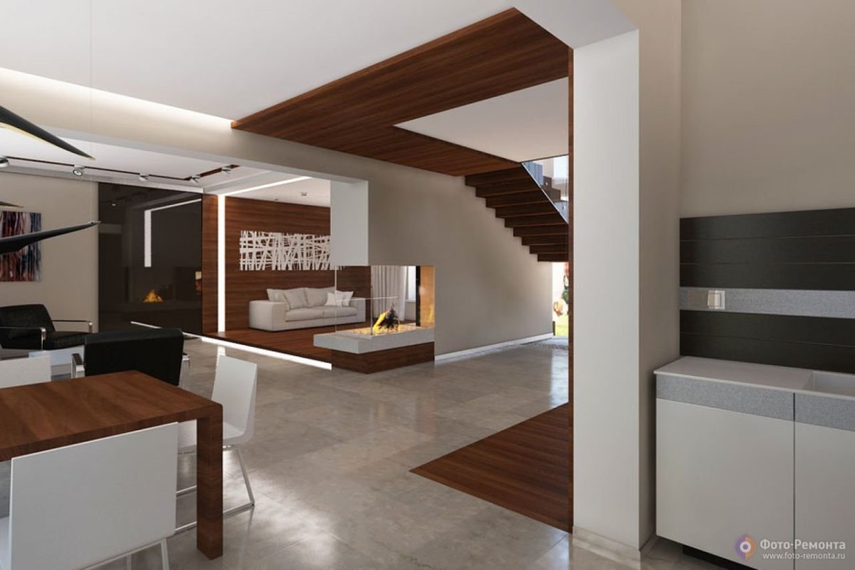 Интерьер частного дома первый этаж с кухней
