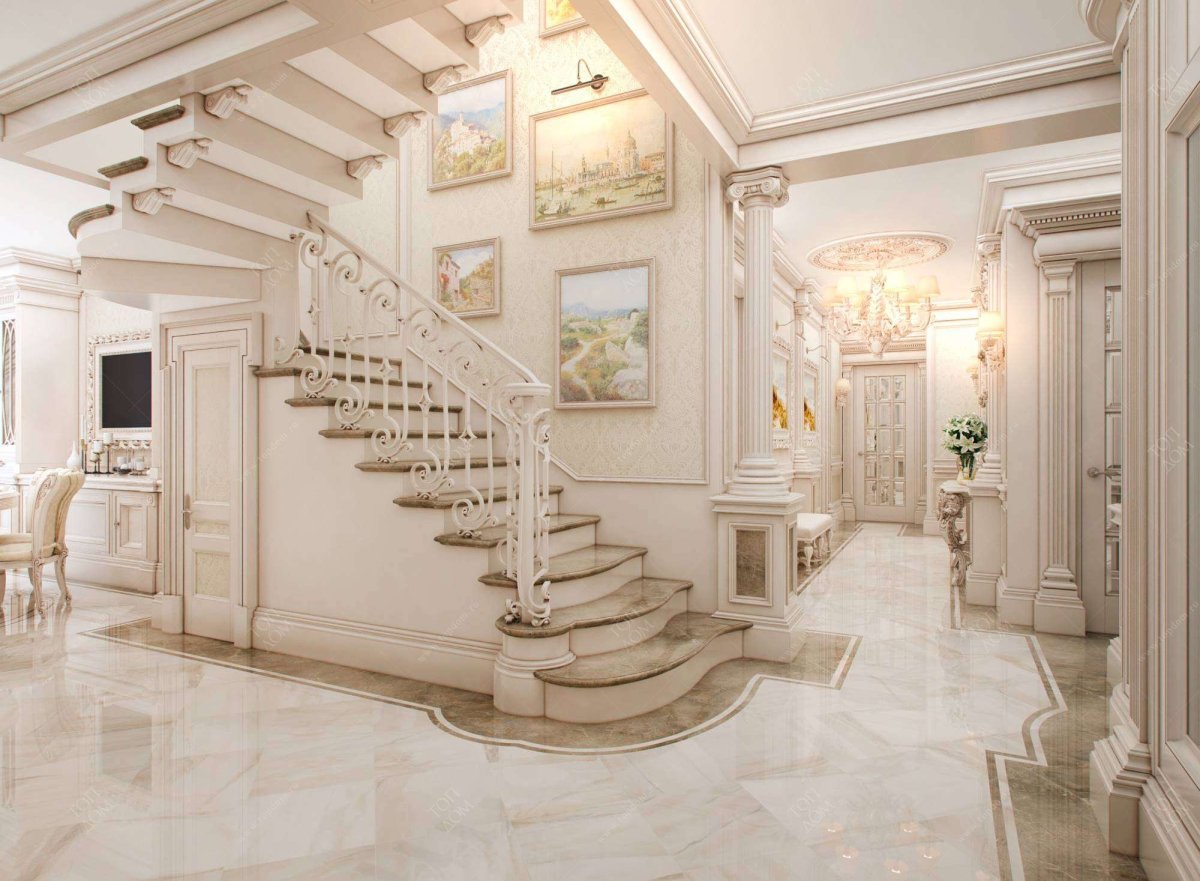 Классический гостиная с лестницей