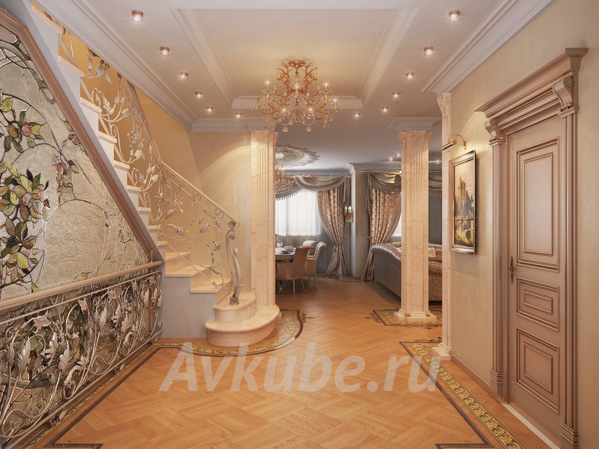 Интерьер второго этажа частного дома с лепниной