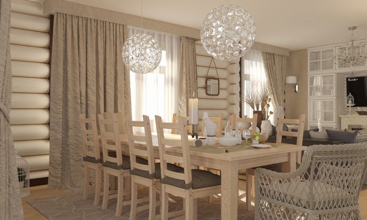 Люстра в столовой в бревенчатом доме