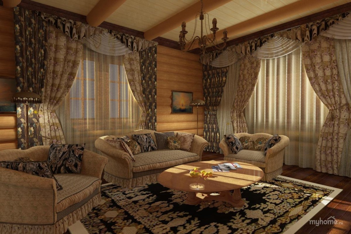 Шторы в гостиную в бревенчатом доме