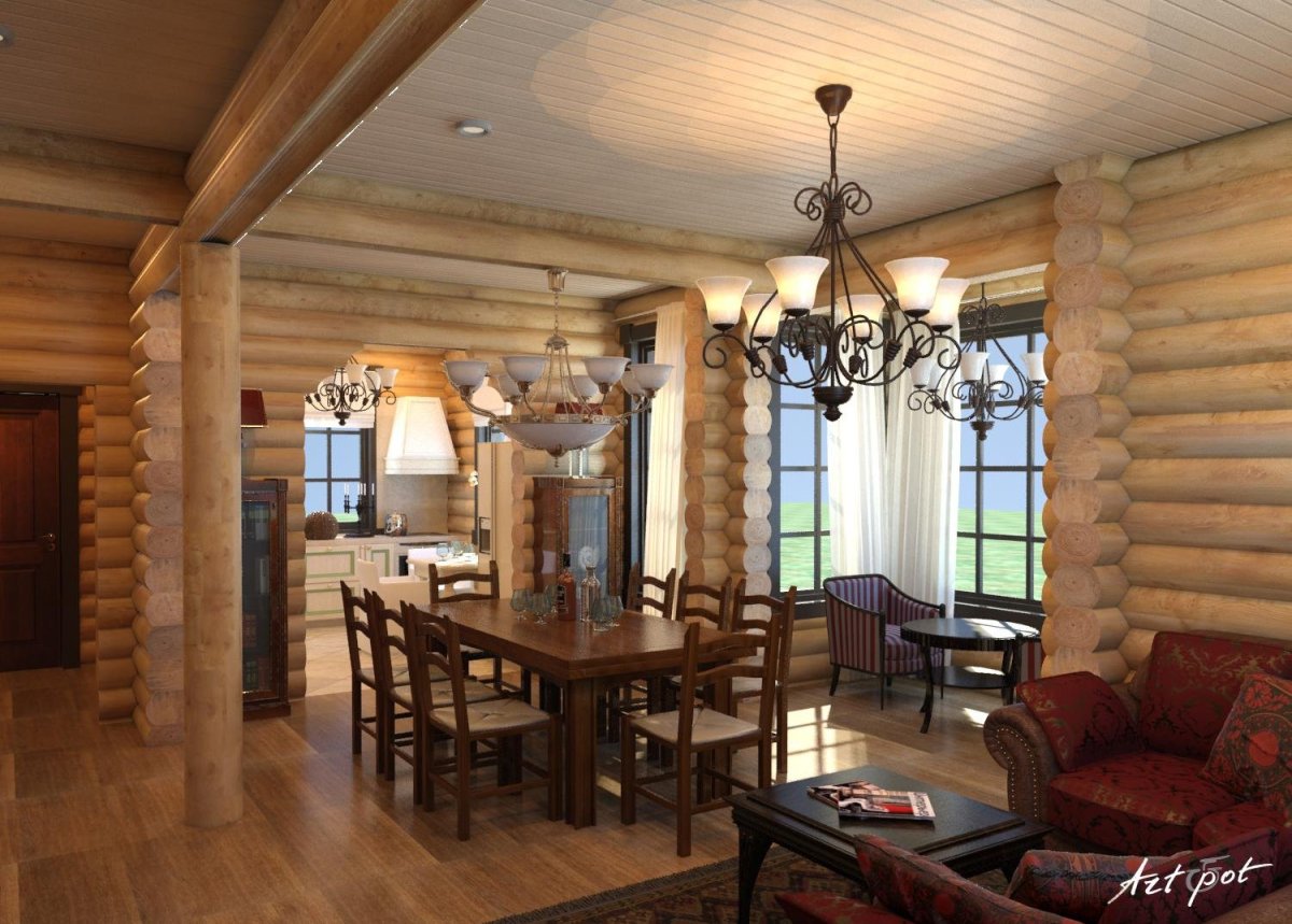 Кухня гостиная в доме из оцилиндрованного бревна