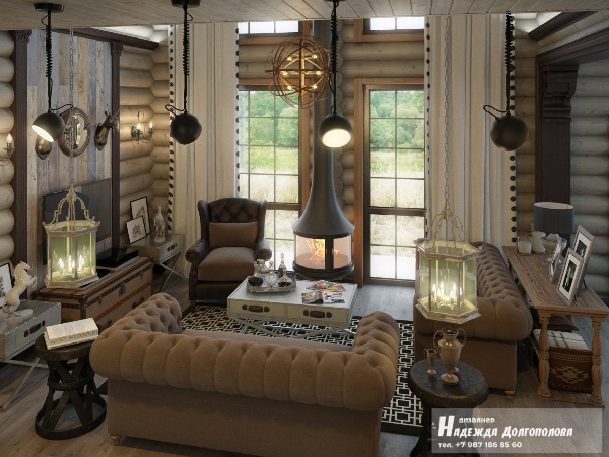 Интерьер дома из оцилиндрованного бревна