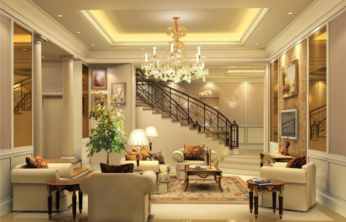 Классический гостиная с лестницей