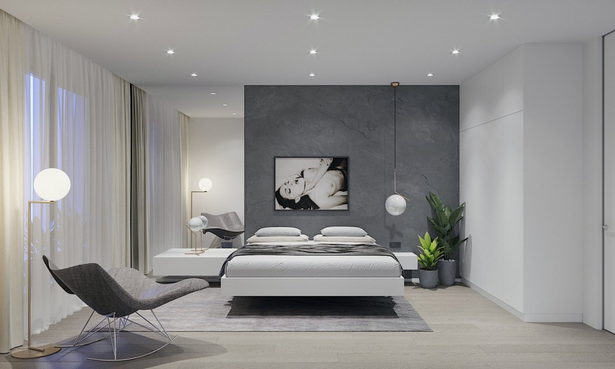 Спальня в стиле Минимализм с белой кроватью
