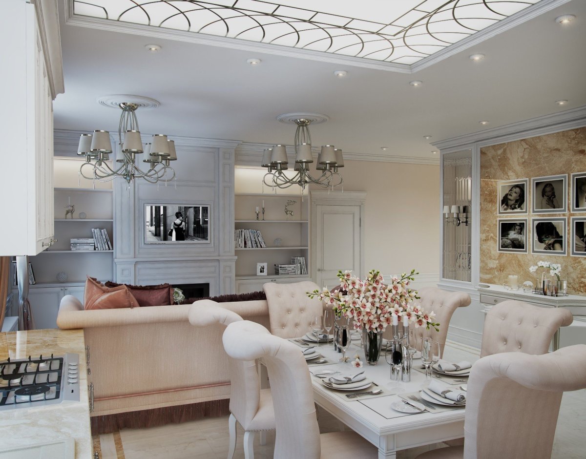 Кухня столовая гостиная в светлых тонах