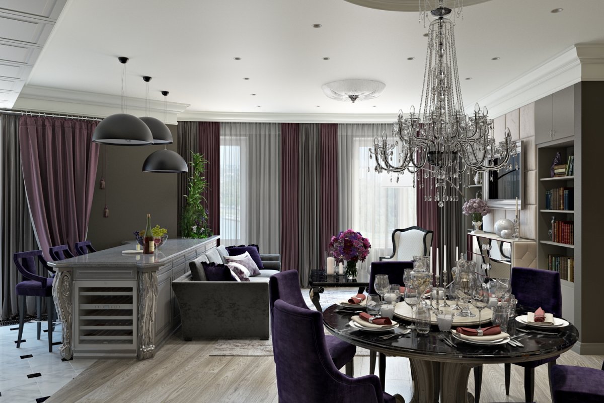 Люстры в столовой объединенной с гостиной