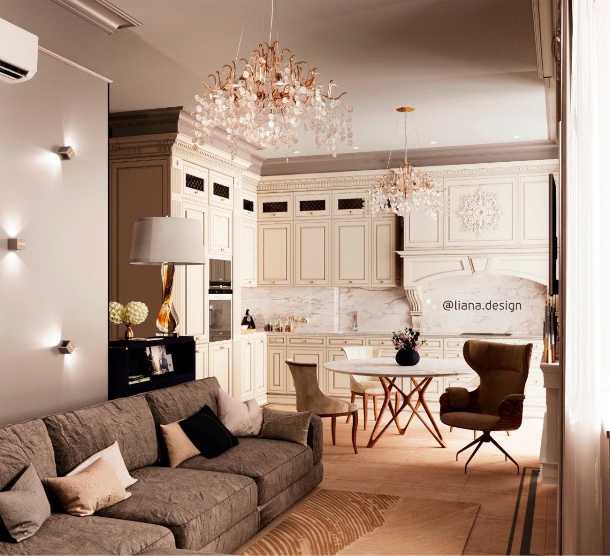 Кухня гостиная в шоколадных тонах