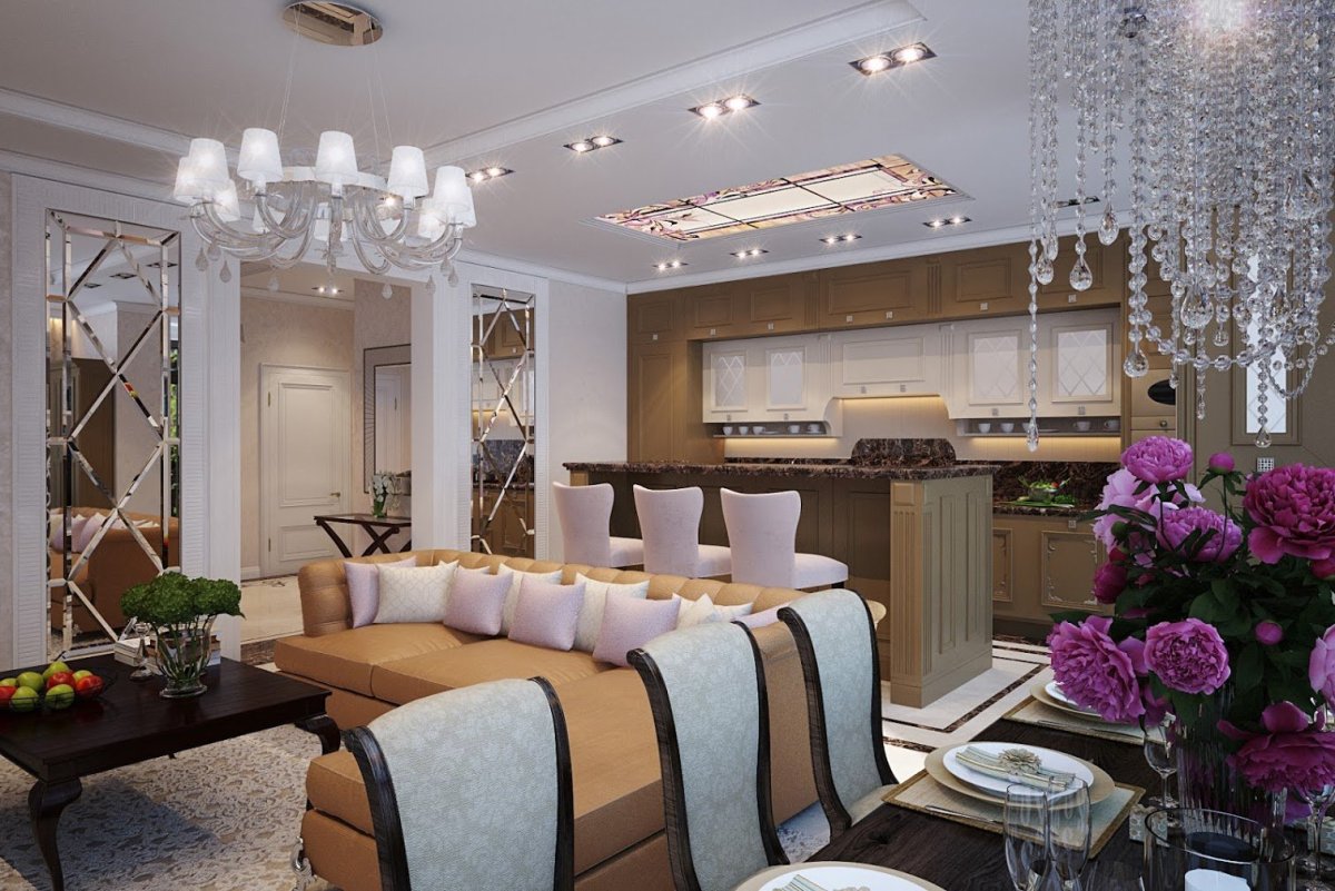 Люстры в гостиной совмещенной с кухней