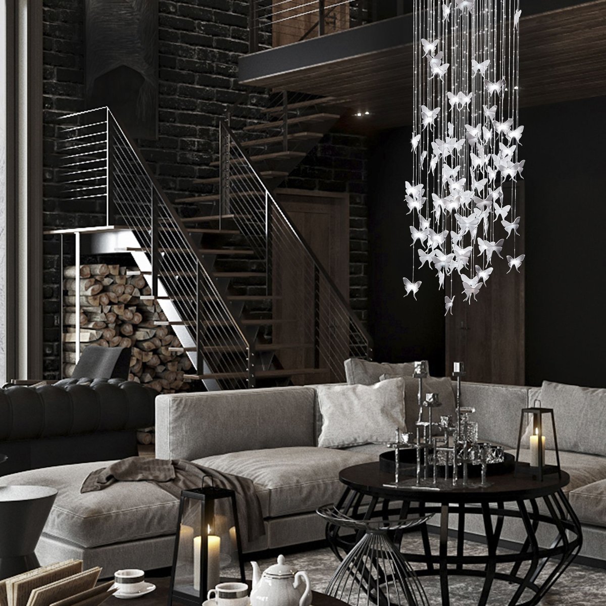 Хрустальная люстра в интерьере гостиной лофт