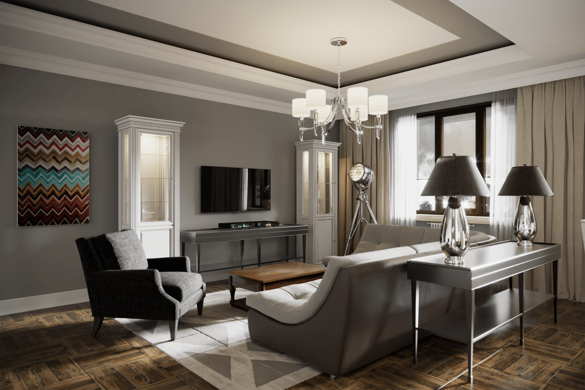 Гостиная в американском стиле с камином