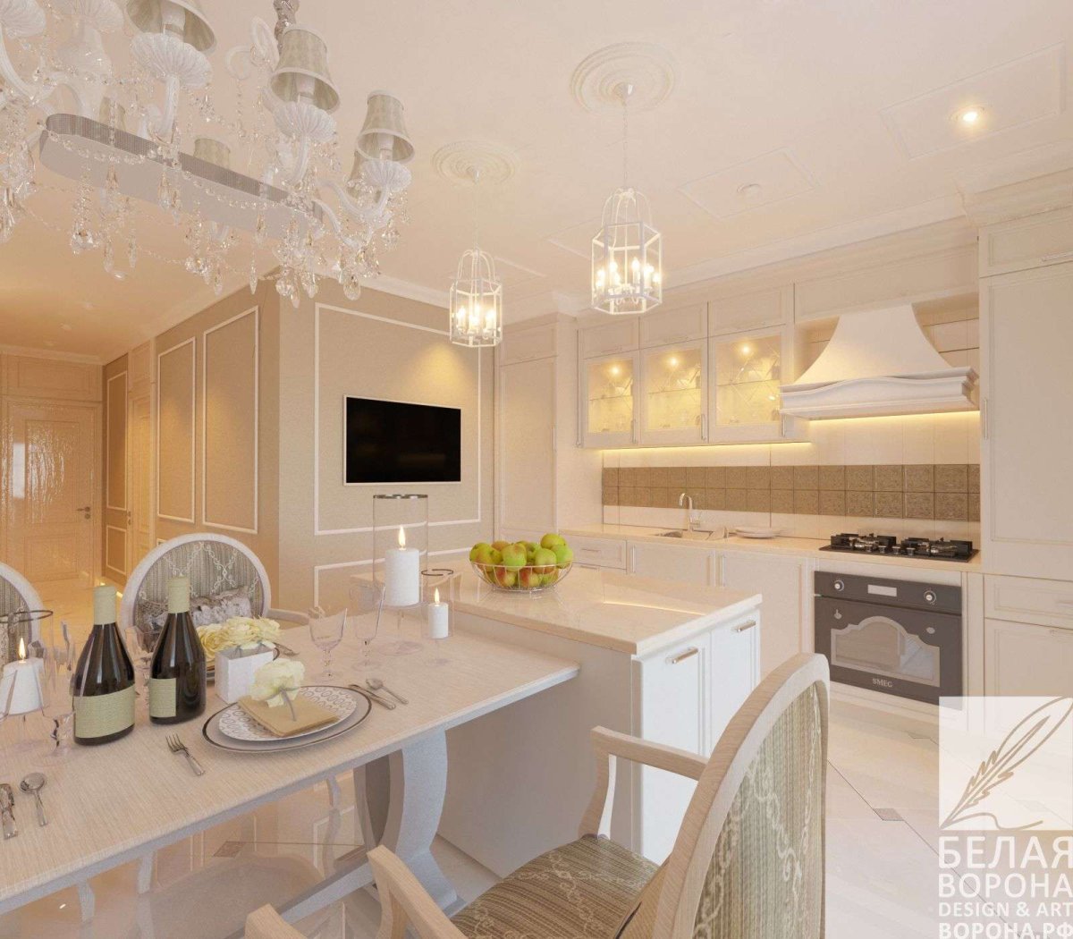 Кухни в стиле Неоклассика светлые тона прямая