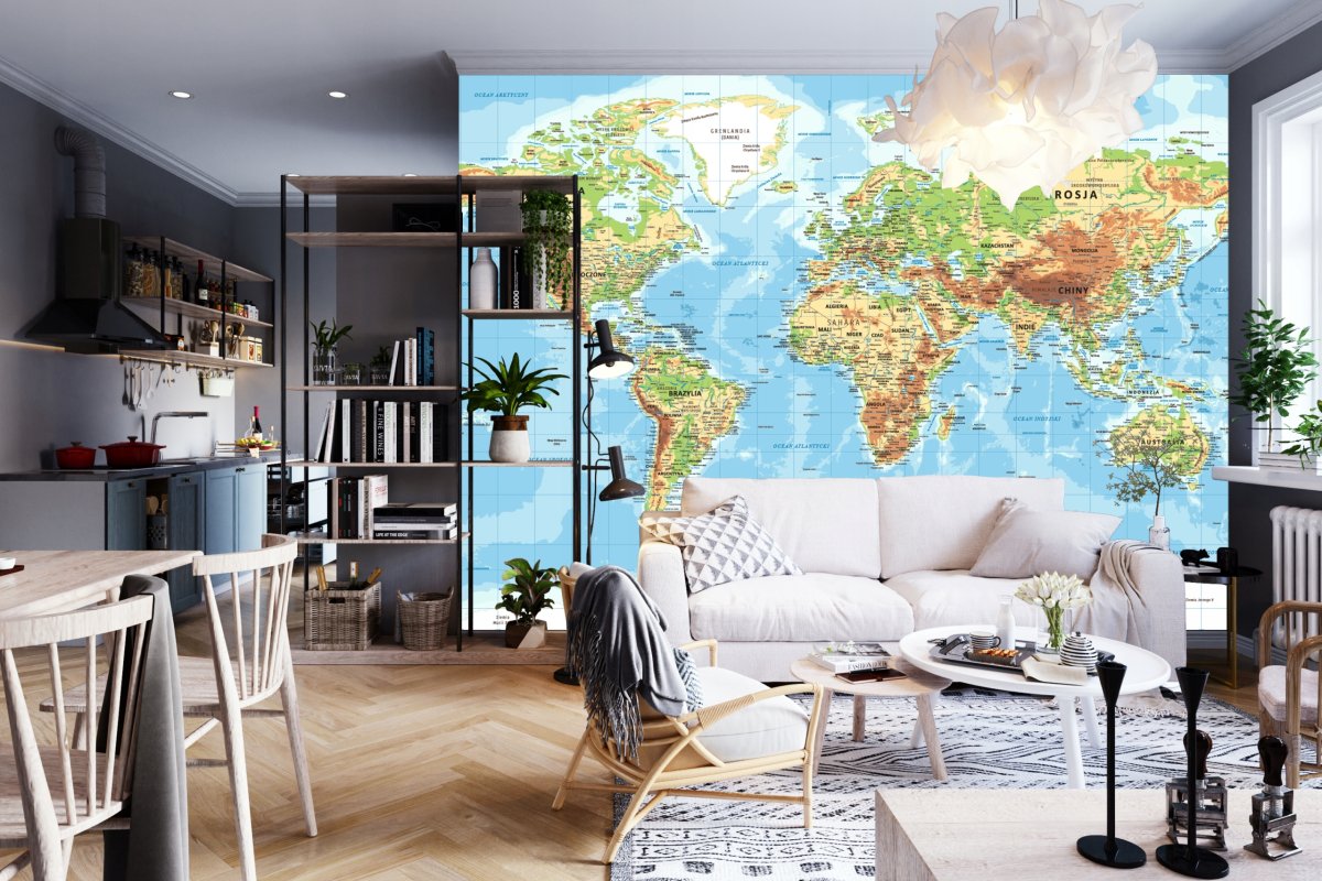 Фотообои на стену карта мира в интерьере