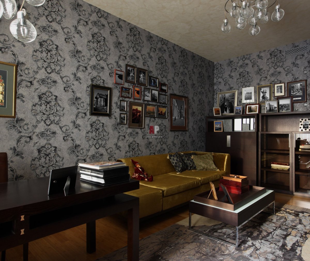 Тёмные обои в интерьере гостиной